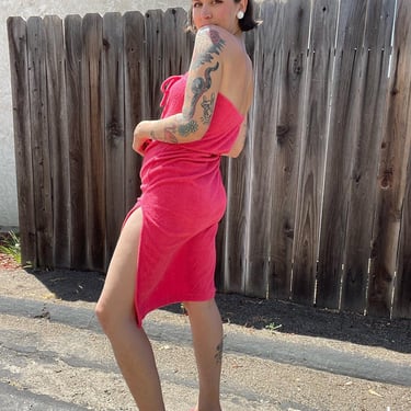 70s hot pink terry cloth tube top dress/beach coverup 