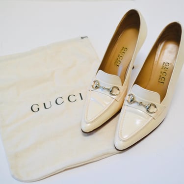 90s 00s Vintage Gucci High Heels Shoes US 7 1/2 High Heel Gucci High heel Loafers Made In Italy Gucci off White Cream Wedding Heels 7 1/2 