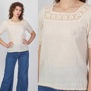 70s Boho Cream Crochet Square Neck Top - Medium | Vintage Made In Greece Short Sleeve Sheer Blouse 