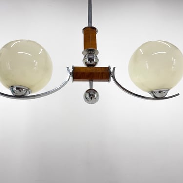 Chrome & Wood Art Deco Chandelier, Czechoslovakia 