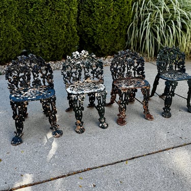 Antique Heavy Cast Iron Victorian Grapevine Garden Chairs RARE Set/4 
