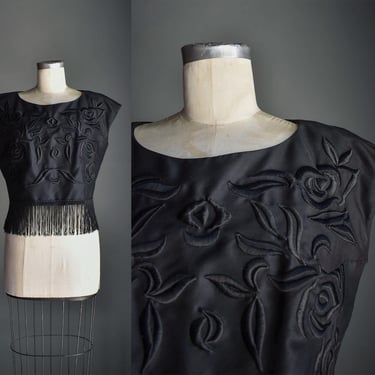Vintage Black Fringe Blouse / 1950s Black Embroidered Fringe Blouse / Black Fringe Top / True Vintage Embroidered Formal Womens Top Medium 