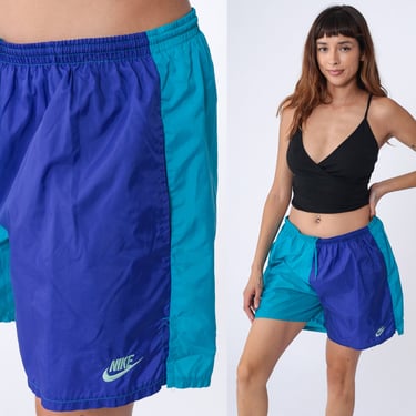 Nike Swim Shorts 90s Color Block Turquoise Blue Swim Trunks Gym Athletic High Rise Retro Jogging Shorts Board Shorts Vintage 1990s Large 