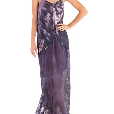 1990S ROBERTO CAVALLI Dark Purple Silk Chiffom Floral Gown 