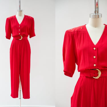 red jumpsuit | 80s 90s vintage gold studded belted short sleeve jumpsuit 