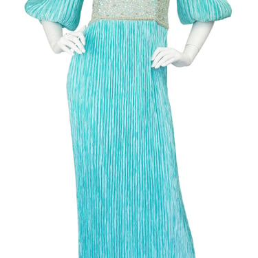 Mary McFadden Couture 1980s Vintage Beaded Turquoise Fortuny Pleat Gown Sz S 