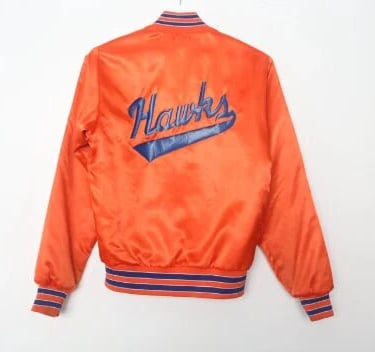 vintage HAWKS orange & blue WINDBREAKER snap button 1970s 80s vintage indie rock jacket -- men's size extra small 