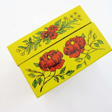 Vintage 60s Metal Recipe Box - Red Yellow Wildflower Marigold Botanical - Keepsake Trinket Holder 