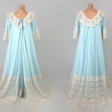 VINTAGE 60s Blue Nylon Chiffon & Antique Lace Peignoir Set By Intime | Full Sweep Double Nylon Nightgown Robe | Wedding Bridal Lingerie vfg 