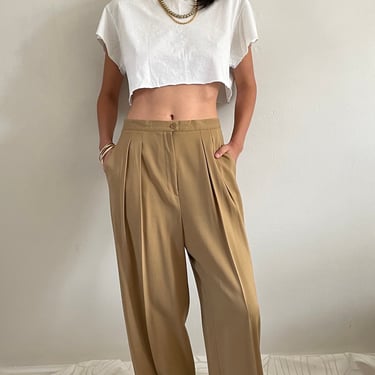 29 wool pants / vintage camel 100% lightweight worsted wool pleated ultra high waisted baggy wide cuffed leg capsule trousers pants size 29 