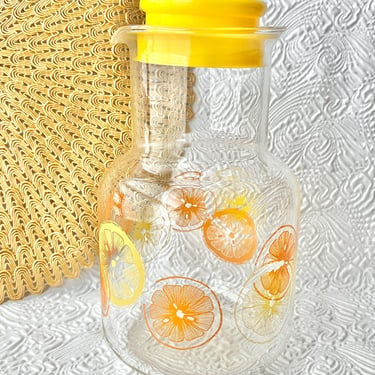 Pyrex Glass Juice Bottle, Pyrex Decanter Pitcher, Lemons, Oranges, Mid Century Glassware, Sustainable Home Decor, Vintage 60s 70s 