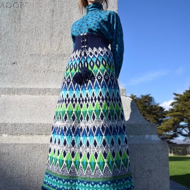 Rare 70s Fair Isle Nordic Knit Sweater Maxi Skirt SZ S M 