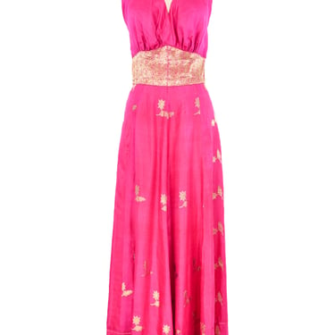1960s Fuchsia Sari Silk Halter Gown