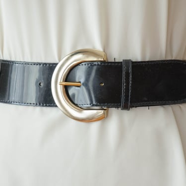 wide black faux leather belt | 80s 90s vintage patent vegan leather statement waist belt 