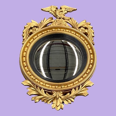 Vintage Convex Eagle Mirror 1960s Retro Size 22x14 Mid Century Colonial + Burwood Products + Gold + Plastic + Fish Eye Front + Home Decor 