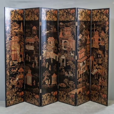 Contemporary Chinese Black & Gold 6 Panel Folding Screen