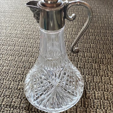 Elegant Vintage English Cut Pressed Glass Tall Carafe Wine Decanter~ Bacchus God of Wine Pour Spout~ Marked England~ Edwardian Style Barware 