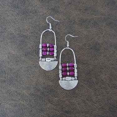 Purple magnesite stone and silver ethnic statement earrings 