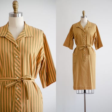 tan striped dress 70s 80s vintage mustard yellow green belted knee length dress 