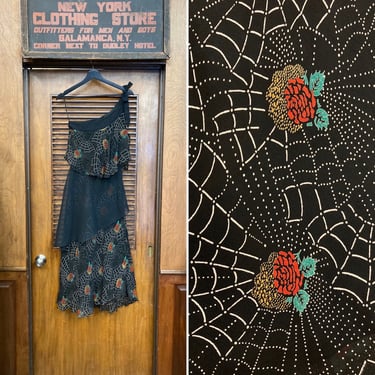 Vintage 1970’s Made in England Ossie Clark Style Spiderweb Rose Design Glam Mod Rare One Shoulder Dress, Spiderweb Print, Floral, Glam, 