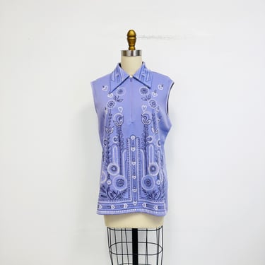 Vintage 60s Sleeveless Zip Neck Top with Mod Floral Print with Hearts | Size Small 