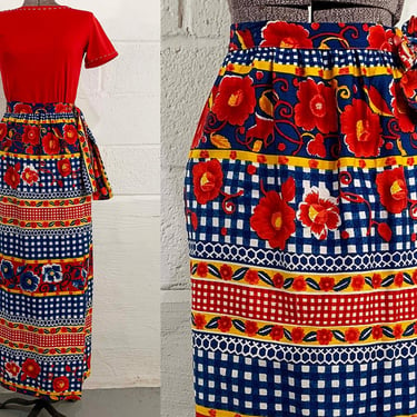 Vintage Floral Wrap Skirt Red Colorful Flowers Cotton 1960s Beverly Vogue Gingham Maxi Midi Wedding 60s 1960s 70s 1970s Small XS 