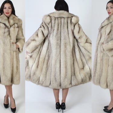 Full Length Ivory Fox Coat / Long Striped Real Fur Overcoat / Leather Corded Inlay Paneling / 80s Shawl Collar Plush Maxi Jacket 
