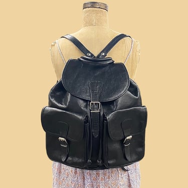 Vintage Leather Backpack Retro 1990s Contemporary + Black + Adjustable Straps + Silver Metal Buckles + Travel Bag + Bookbag + Accessory 
