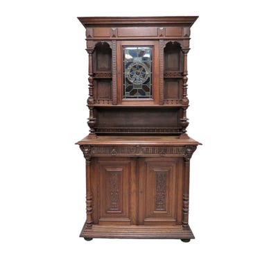 Tall Storage Cabinet | Antique French Gothic Revival Hunt Cabinet With Stained Glass Circa 1880 