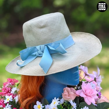 Lovely Vintage 60s Dusty Blue Straw Wide Brim Hat by Gene Doris 