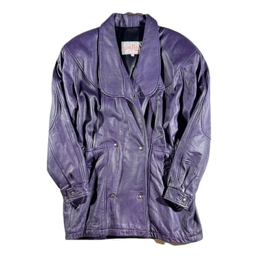 Vintage Purple Leather Jacket Oversized Drop Shoulder Pockets 80s 90s