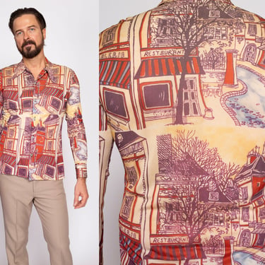 70s French City Novelty Print Button Up Shirt - Men's Medium | Vintage Long Sleeve Pointed Collar Disco Shirt 