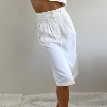 90s white skirt / vintage milk white knee length pleated high waisted pocket wiggle rayon blend skirt | 26 Waist Small 