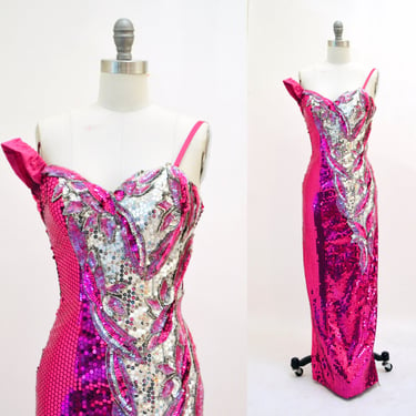 Vintage 80s Prom Pink Sequin Dress Size XXS Alyce Designs// 80s Vintage Metallic Sequin Gown Silver and PInk Drag Queen Pageant Barbie Dress 