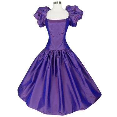 Vintage 80s Purple Puff Sleeve Taffeta Bow Full Skirt Prom Gown Party Dress XS Extra Small Homecoming HoCo Dance Costume Formal Princess 