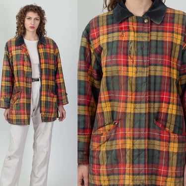 90s Distressed Plaid Chore Coat - Men's Medium | Vintage Workwear Corduroy Collar Barn Jacket 