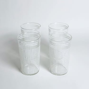 Grid Pattern Tumblers, MCM Dominion Glassware, White Design, Set of Four, Vintage 1970's 