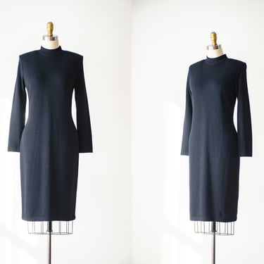 St. John knit dress | 80s 90s vintage designer minimalist mockneck black knit long sleeve wiggle sweater dress 
