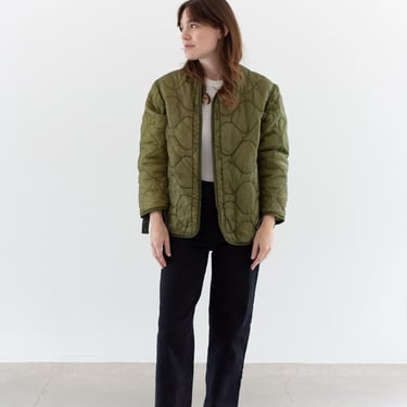 Vintage Green Liner Jacket | Unisex Wavy Quilted Nylon Coat | XS S | LI207 