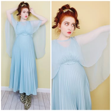 1970s Vintage Baby Blue Poly Knit Cape Maxi Dress / 70s / Seventies Pleated Skirt Floral Applique Sheer Drama Sleeve Empire Waist Gown / XL 