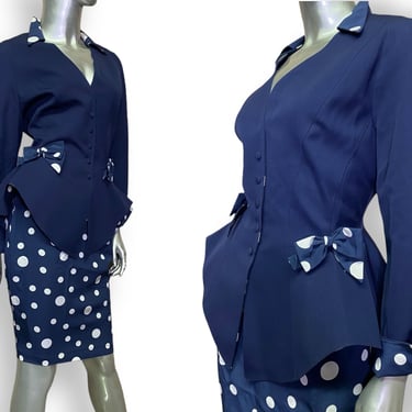 Vintage Thierry Mugler Skirt Suit Navy Blue Polka Dot Silk Peplum Jacket French Cuffs 
