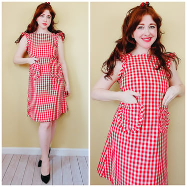1970s Vintage Cotton Gingham Apron Dress / 70s Red Plaid Ruffled Shift / Size XS - Small 