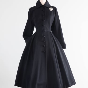 Spectacular Early 1950's New Look Princess Coat In Black Wool Gabardine By Julliard / Medium