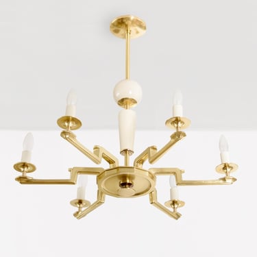 Swedish Art Deco brass and wood 6-arm chandelier
