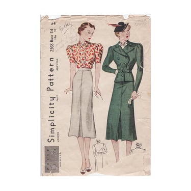 Vintage 1930s Simplicity Sewing Pattern 2368, Misses and Women's Double Breasted Blouse, Skirt and Belted Jacket, Bust 34, Hip 37 