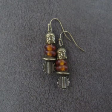 Buddha earrings, amber and bronze earrings 
