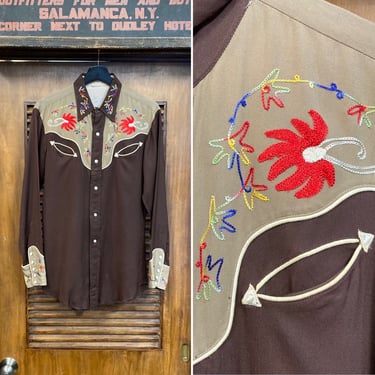 Vintage 1950’s Two-Tone Embroidery Rayon Western Cowboy Rockabilly Shirt, 50’s Vintage Clothing 