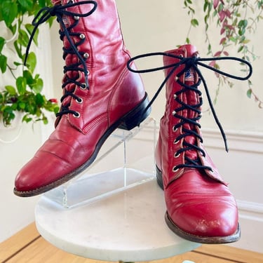 Vintage 1980s 1990s Roper Boots | 80s 90s JUSTIN Red Genuine Leather Lace Up Mid Calf Low Heel Combat Grunge Shoes | size US 7 