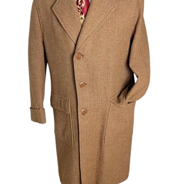 Vintage 1940s Wool HARRIS TWEED Herringbone Overcoat ~ size 38 R ~ Topcoat / Trench Coat ~ 