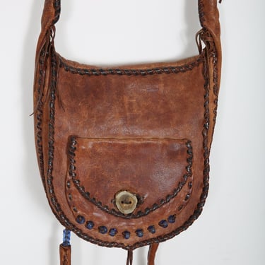 Vintage 70s Brown Leather Handmade Handbag Purse Crossbody Hippie Hippy Woodstock Boho Bohemian 